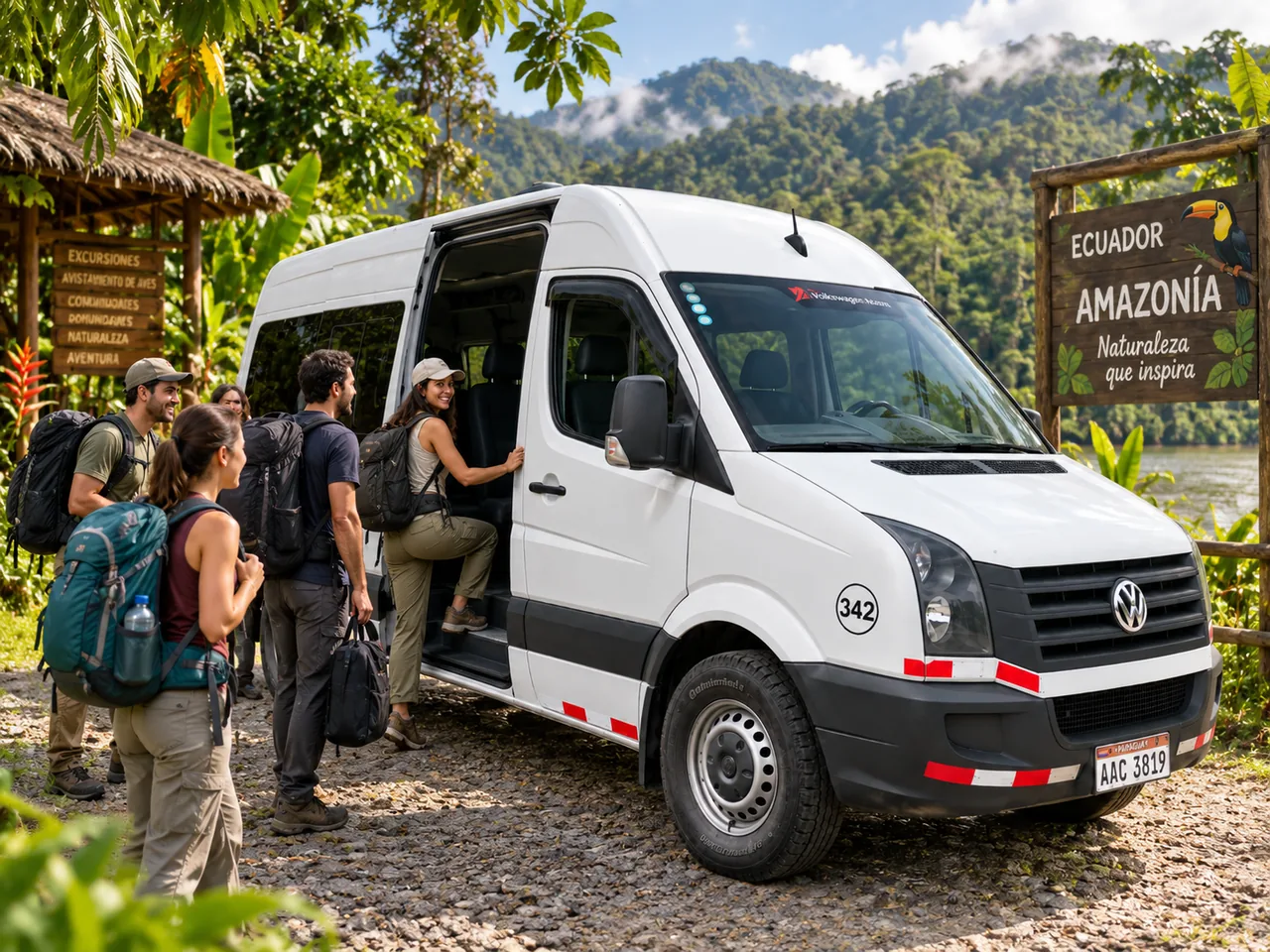 Grupo de viajeros subiendo a la buseta de Top Travel en la Amazonía ecuatoriana